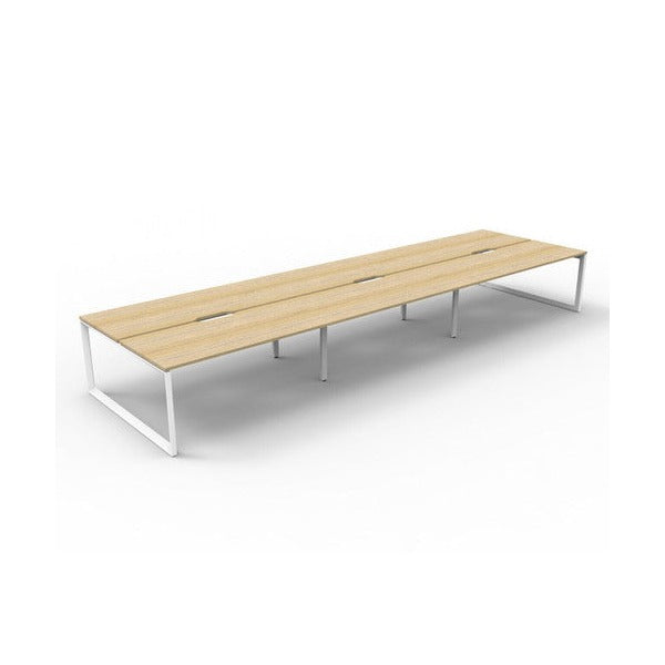 Rapidline Deluxe Infinity 6 person back to back workstation in Natural Oak with White Satin loop legs, raised angled view
