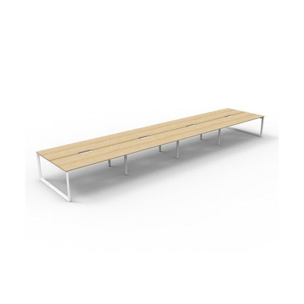 Rapidline Deluxe Infinity 8 person back to back workstation in Natural Oak with White Satin loop legs, raised angled view