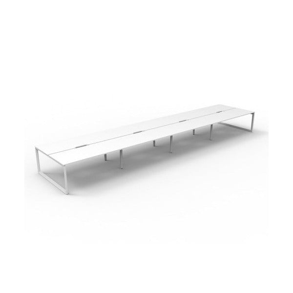 Rapidline Deluxe Infinity 8 person back to back workstation in Natural White with White Satin loop legs, raised angled view