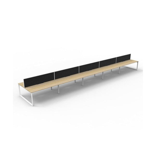 Rapidline Deluxe Infinity 10 person back to back loop leg workstation in Natural Oak and White Satin with black fabric screens, angled view along the length of the pod from one end