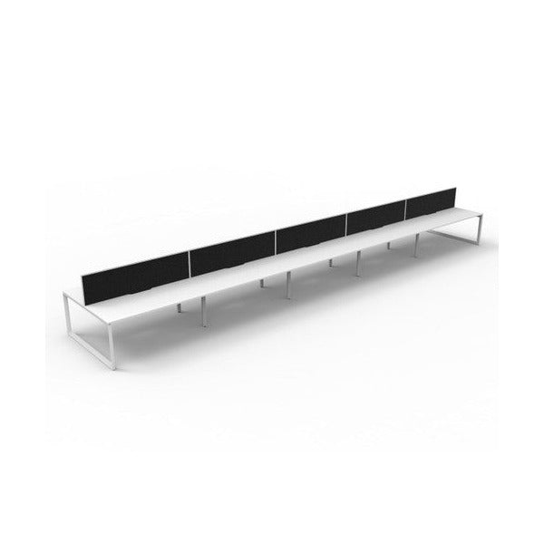Rapidline Deluxe Infinity 10 person back to back loop leg workstation in Natural White and White Satin with black fabric screens, angled view along the length of the pod from one end