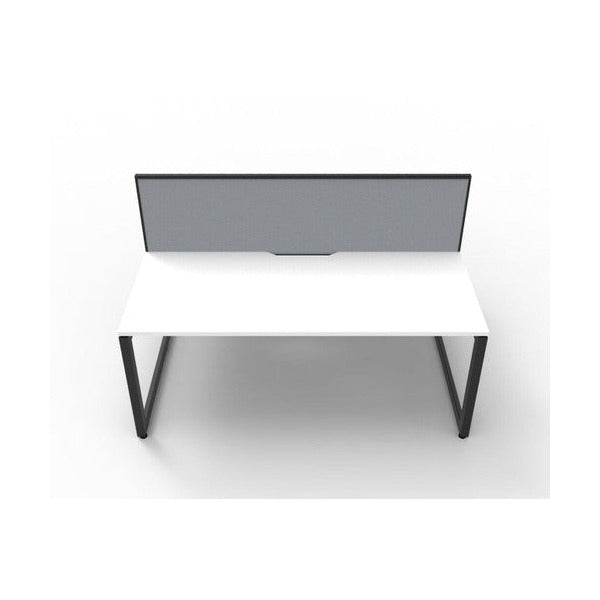 Rapidline Deluxe Infinity back to back 2 person loop leg workstation, Natural White top on Black Satin base, with grey fabric dividing screen, straight front view