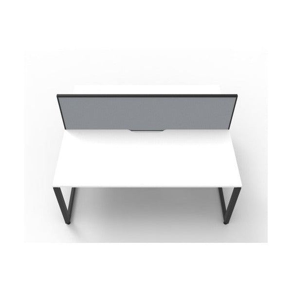 Rapidline Deluxe Infinity back to back 2 person loop leg workstation, Natural White top on Black Satin base, with grey fabric dividing screen, raised front view looking across the tops