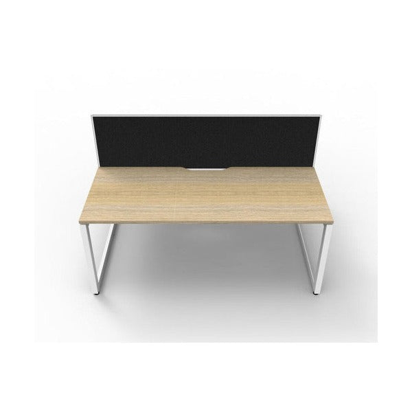Rapidline Deluxe Infinity back to back 2 person loop leg workstation, Natural Oak top on White Satin base, with black fabric dividing screen, straight front view