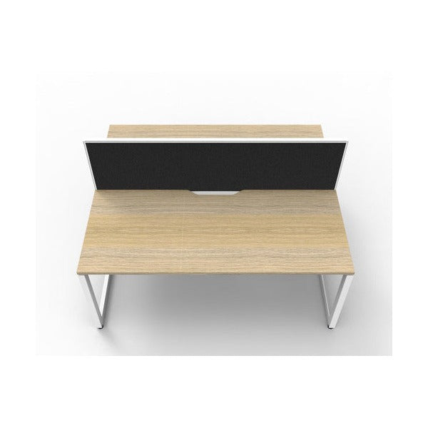 Rapidline Deluxe Infinity back to back 2 person loop leg workstation, Natural Oak top on White Satin base, with black fabric dividing screen, raised front view looking across the tops