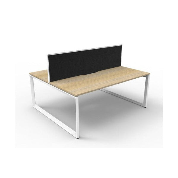 Rapidline Deluxe Infinity back to back 2 person loop leg workstation, Natural Oak top on White Satin base, with black fabric dividing screen, angled view along the run from the front left
