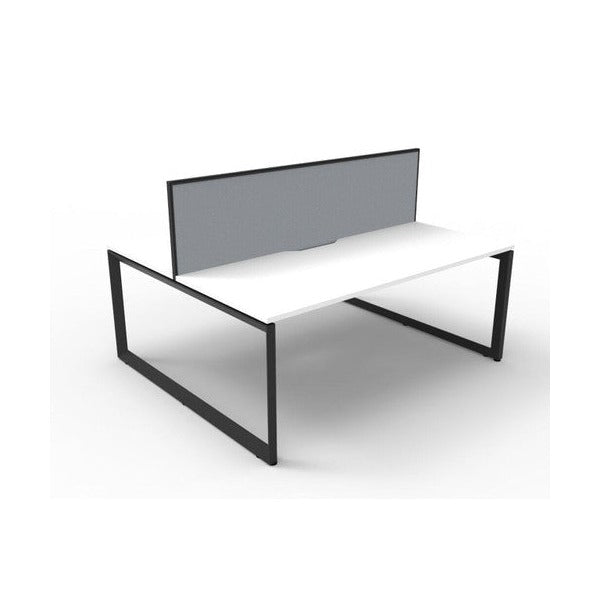 Rapidline Deluxe Infinity back to back 2 person loop leg workstation, Natural White top on Black Satin base, with grey fabric dividing screen, angled view along the run from the front left