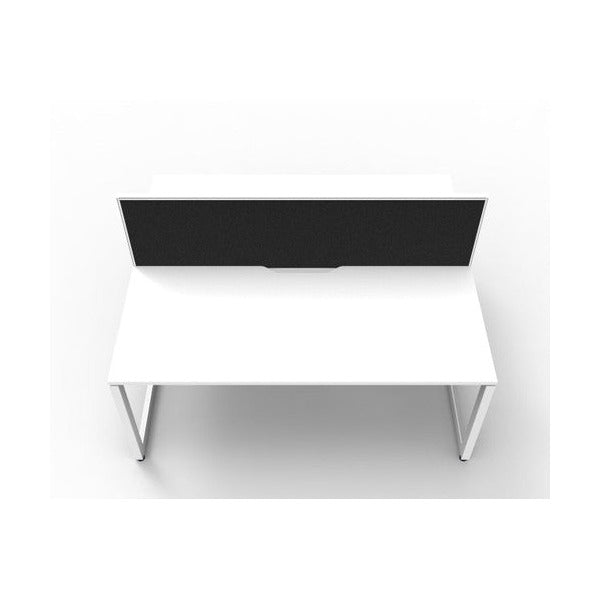 Rapidline Deluxe Infinity back to back 2 person loop leg workstation, Natural White top on White Satin base, with black fabric dividing screen, raised front view looking across the tops