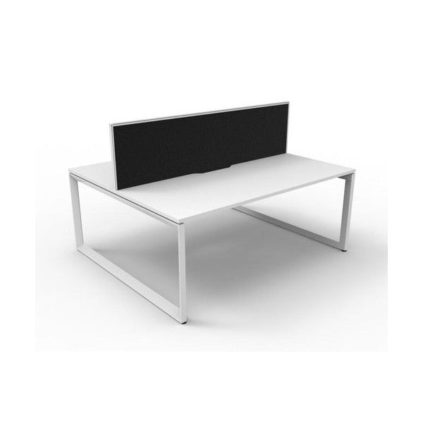 Rapidline Deluxe Infinity back to back 2 person loop leg workstation, Natural White top on White Satin base, with black fabric dividing screen, angled view along the run from the front left