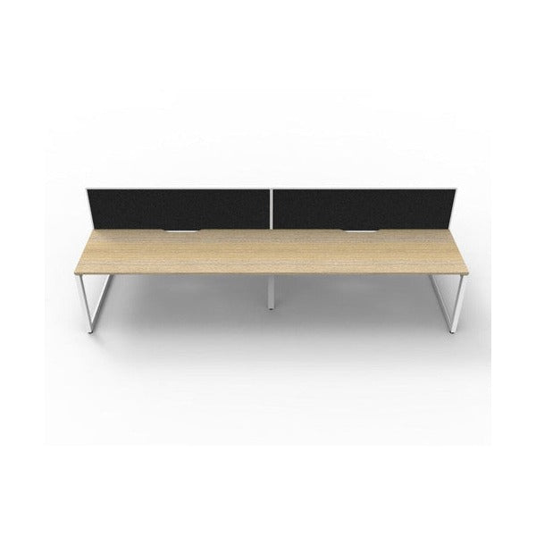Rapidline Deluxe Infinity 4 person back to back loop leg workstation in Natural Oak and White Satin with black fabric screens, front-on view across the pod with the screens along the centre