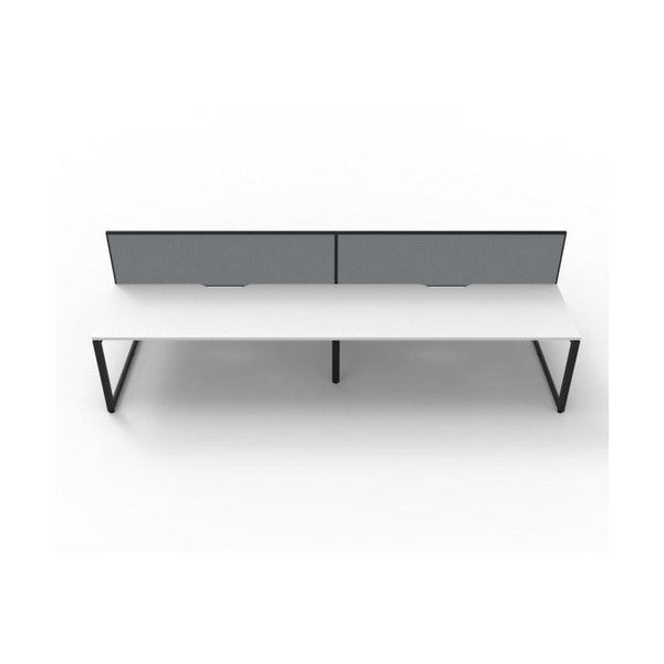 Rapidline Deluxe Infinity 4 person back to back loop leg workstation in Natural White and Black Satin with grey fabric screens, front-on view across the pod with the screens along the centre