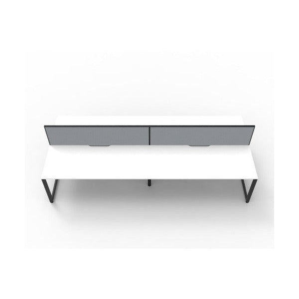 Rapidline Deluxe Infinity 4 person back to back loop leg workstation in Natural White and Black Satin with grey fabric screens, front-on view from the opposite side with the screens nearest the camera