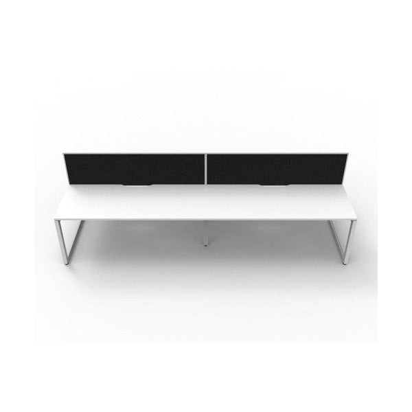 Rapidline Deluxe Infinity 4 person back to back loop leg workstation in Natural White and White Satin with black fabric screens, front-on view across the pod with the screens along the centre