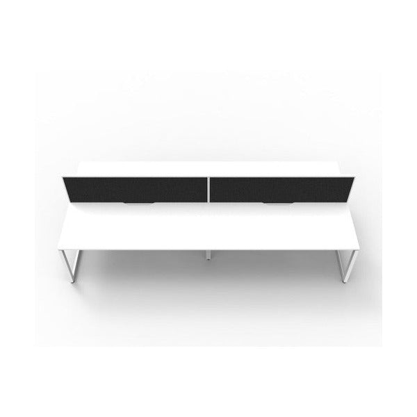 Rapidline Deluxe Infinity 4 person back to back loop leg workstation in Natural White and White Satin with black fabric screens, front-on view from the opposite side with the screens nearest the camera