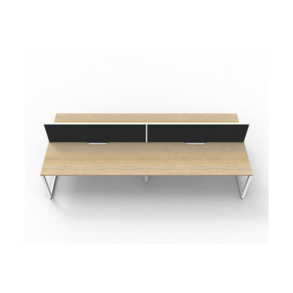 Rapidline Deluxe Infinity 4 person back to back loop leg workstation in Natural Oak and White Satin with black fabric screens, front-on view from the opposite side with the screens nearest the camera