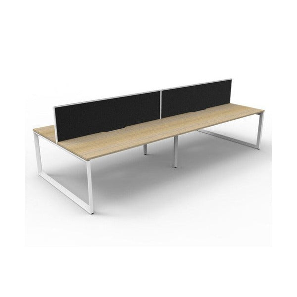 Rapidline Deluxe Infinity 4 person back to back loop leg workstation in Natural Oak and White Satin with black fabric screens, angled view along the length of the pod from one end