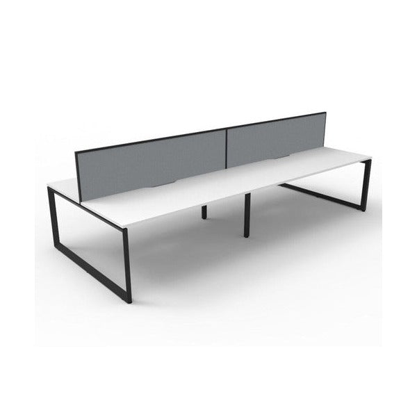 Rapidline Deluxe Infinity 4 person back to back loop leg workstation in Natural White and Black Satin with grey fabric screens, angled view along the length of the pod from one end