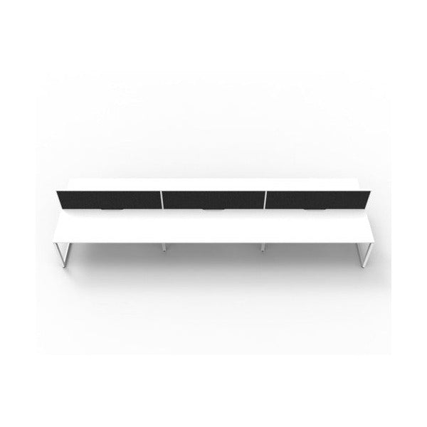 Rapidline Deluxe Infinity 6 person back to back loop leg workstation in Natural White and White Satin with black fabric screens, front-on view from the opposite side with the screens nearest the camera