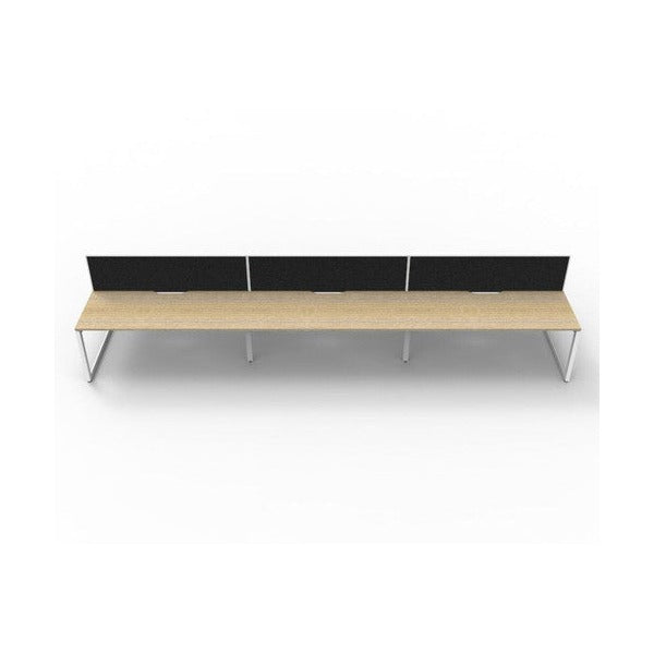 Rapidline Deluxe Infinity 6 person back to back loop leg workstation in Natural Oak and White Satin with black fabric screens, front-on view across the pod with the screens along the centre