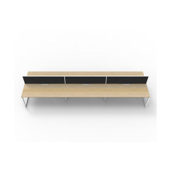 Rapidline Deluxe Infinity 6 person back to back loop leg workstation in Natural Oak and White Satin with black fabric screens, front-on view from the opposite side with the screens nearest the camera