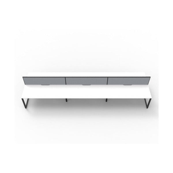 Rapidline Deluxe Infinity 6 person back to back loop leg workstation in Natural White and Black Satin with grey fabric screens, front-on view from the opposite side with the screens nearest the camera