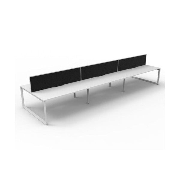 Rapidline Deluxe Infinity 6 person back to back loop leg workstation in Natural White and White Satin with black fabric screens, angled view along the length of the pod from one end