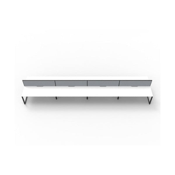 Rapidline Deluxe Infinity 8 person back to back loop leg workstation in Natural White and Black Satin with grey fabric screens, front-on view across the pod with the screens along the centre