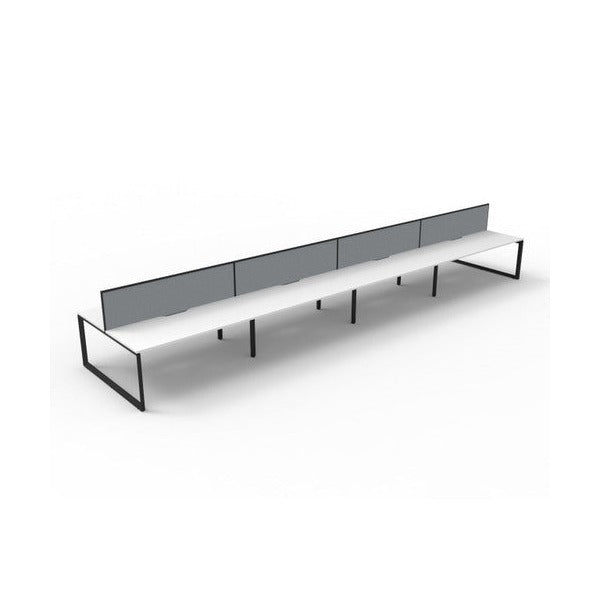 Rapidline Deluxe Infinity 8 person back to back loop leg workstation in Natural White and Black Satin with grey fabric screens, angled view along the length of the pod from one end
