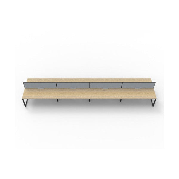 Rapidline Deluxe Infinity 8 person back to back loop leg workstation in Natural Oak and Black Satin with grey fabric screens, front-on view from the opposite side with the screens nearest the camera