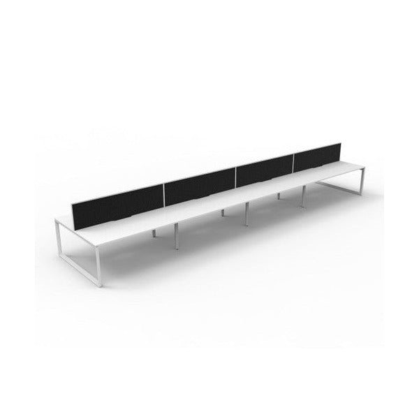 Rapidline Deluxe Infinity 8 person back to back loop leg workstation in Natural White and White Satin with black fabric screens, angled view along the length of the pod from one end