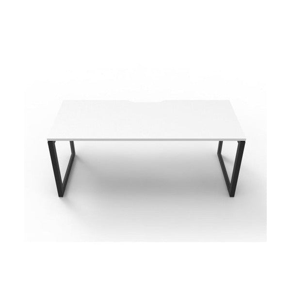 Rapidline Deluxe Infinity single sided loop leg desk in Natural White top with Black Satin loop legs, front view