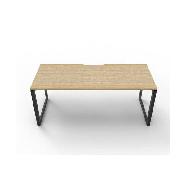 Rapidline Deluxe Infinity single sided loop leg desk in Natural Oak top with Black Satin loop legs, straight-on view from the front
