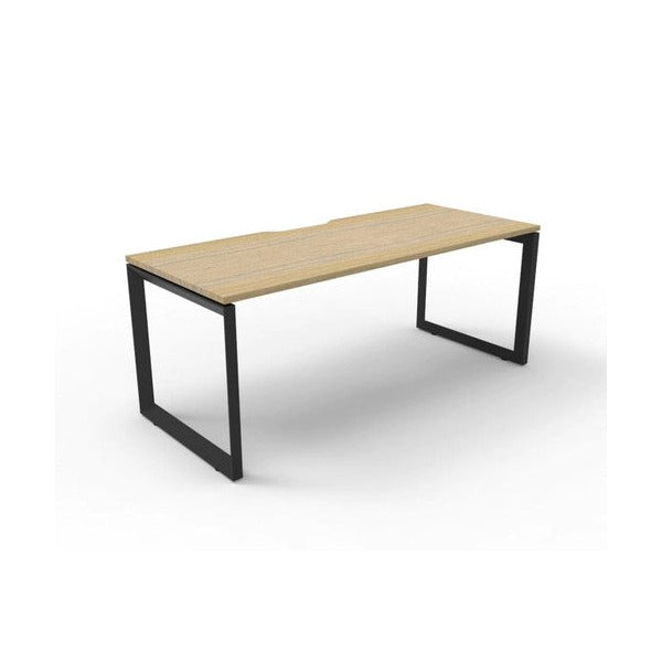 Rapidline Deluxe Infinity single sided loop leg desk in Natural Oak top with Black Satin loop legs, three-quarter view from the front