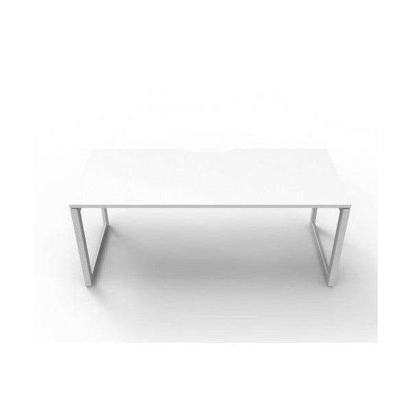 Rapidline Deluxe Infinity single sided loop leg desk in Natural White top with White Satin loop legs, front view