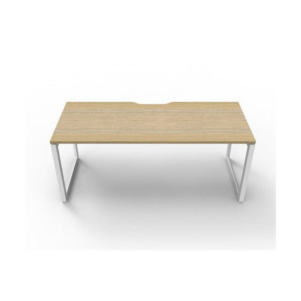 Rapidline Deluxe Infinity single sided loop leg desk in Natural Oak top with White Satin loop legs, front view
