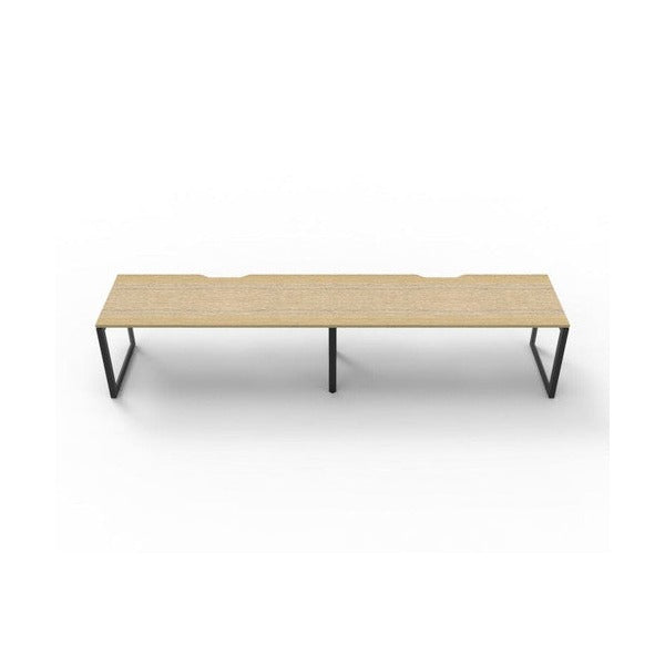 Rapidline Deluxe Infinity single sided 2 person loop leg workstation, Natural Oak top on Black Satin base, front-on view at desk level