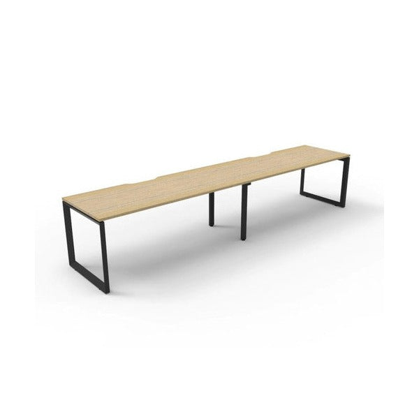 Rapidline Deluxe Infinity single sided 2 person loop leg workstation, Natural Oak top on Black Satin base, three-quarter view from the front corner