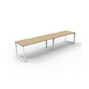 Rapidline Deluxe Infinity single sided 2 person loop leg workstation, Natural Oak top on White Satin base, three-quarter view from the front corner