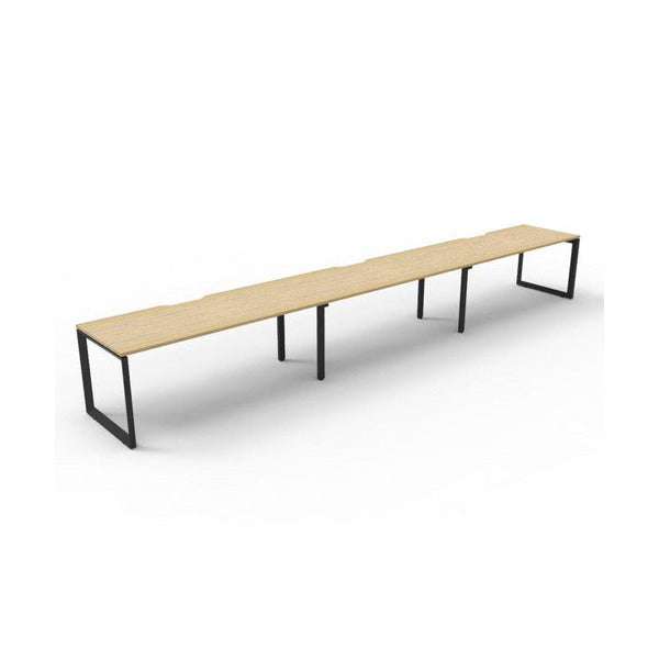 Rapidline Deluxe Infinity single sided 3 person loop leg workstation, Natural Oak top on Black Satin base, angled view along the run from the front left