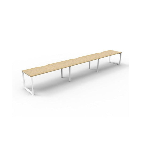 Rapidline Deluxe Infinity single sided 3 person loop leg workstation, Natural Oak top on White Satin base, angled view along the run from the front left