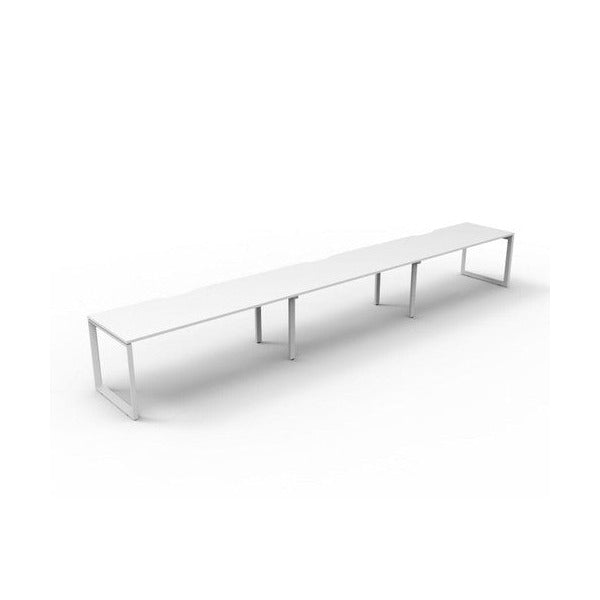 Rapidline Deluxe Infinity single sided 3 person loop leg workstation, Natural White top on White Satin base, angled view along the run from the front left