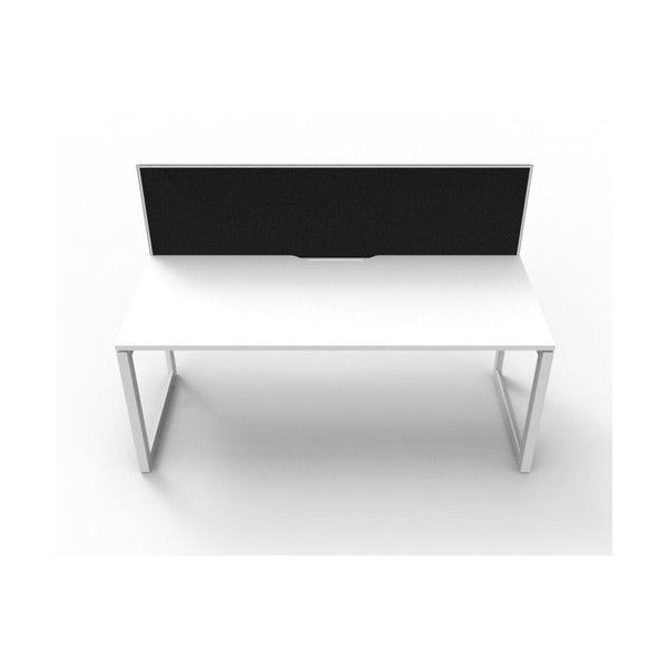 Rapidline Deluxe Infinity single sided loop leg desk in Natural White top with White Satin loop legs and SHUSH30 screen in black fabric, front view