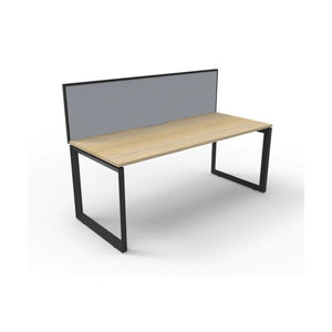 Rapidline Deluxe Infinity single sided loop leg desk in Natural Oak top with Black Satin loop legs and SHUSH30 screen in grey fabric, angled view from the front corner