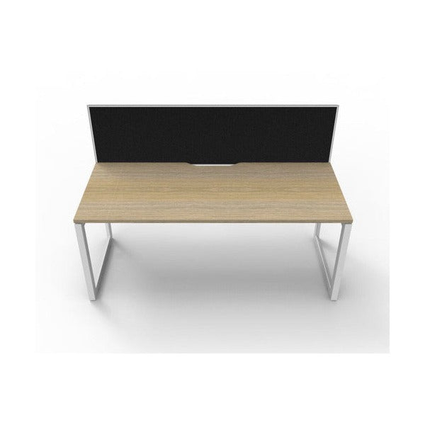 Rapidline Deluxe Infinity single sided loop leg desk in Natural Oak top with White Satin loop legs and SHUSH30 screen in black fabric, front view