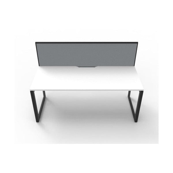 Rapidline Deluxe Infinity single sided loop leg desk in Natural White top with Black Satin loop legs and SHUSH30 screen in grey fabric, front view