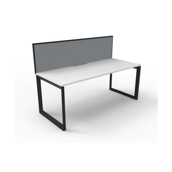 Rapidline Deluxe Infinity single sided loop leg desk in Natural White top with Black Satin loop legs and SHUSH30 screen in grey fabric, three-quarter view from the front