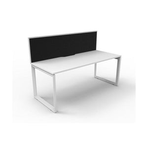 Rapidline Deluxe Infinity single sided loop leg desk in Natural White top with White Satin loop legs and SHUSH30 screen in black fabric, angled view from the front corner