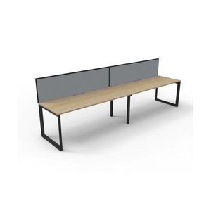 Rapidline Deluxe Infinity single sided 2 person loop leg workstation, Natural Oak top on Black Satin base, with grey fabric screens, three-quarter view from the front corner