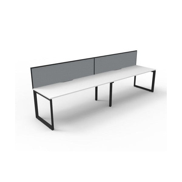Rapidline Deluxe Infinity single sided 2 person loop leg workstation, Natural White top on Black Satin base, with grey fabric screens, three-quarter view from the front corner