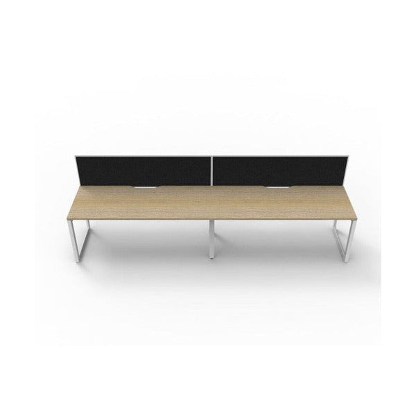 Rapidline Deluxe Infinity single sided 2 person loop leg workstation, Natural Oak top on White Satin base, with black fabric screens, straight front view